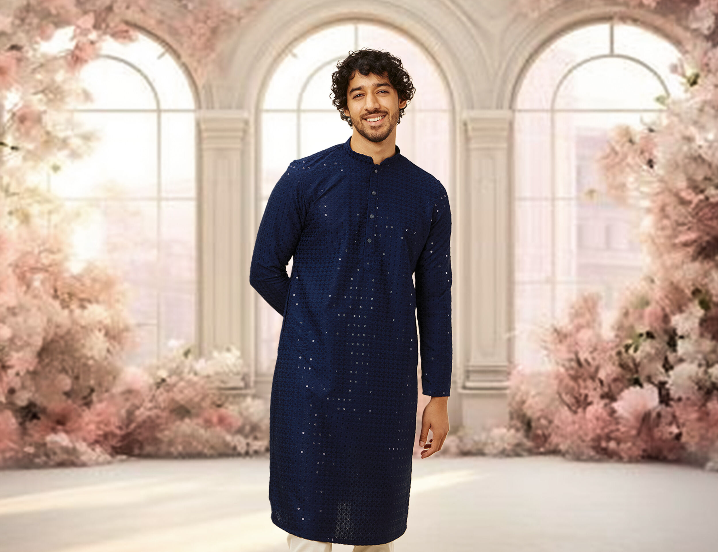 Man wearing embroidered dark blue chikankari kurta